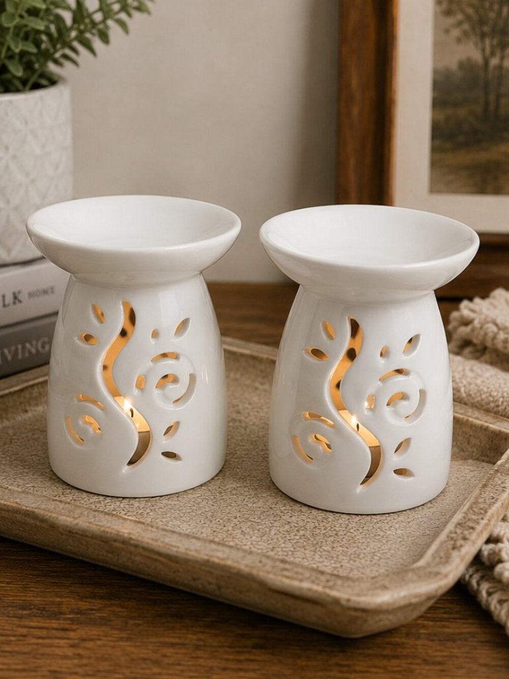 Pair of White Ceramic Wax Melt Burners / Oil Warmers Cutout Scroll Design